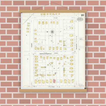 Old map wall art mockup — magnetic wood frame on brick wall — Sanborn Fire Insurance Map from Warren, Trumbull County, Ohio (1908), Sheet #0010