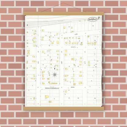 Old map wall art mockup — magnetic wood frame on brick wall — Sanborn Fire Insurance Map from Missouri Valley, Harrison County, Iowa (1901), Sheet #0007