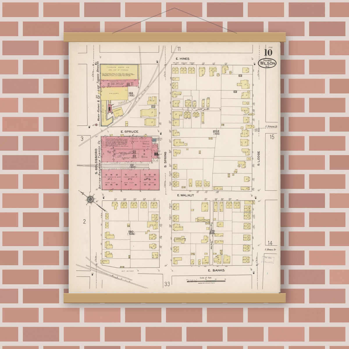 Old map wall art mockup — magnetic wood frame on brick wall — Sanborn Fire Insurance Map from Wilson, Wilson County, North Carolina (1922), Sheet #0010