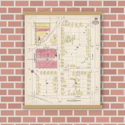 Old map wall art mockup — magnetic wood frame on brick wall — Sanborn Fire Insurance Map from Wilson, Wilson County, North Carolina (1922), Sheet #0010