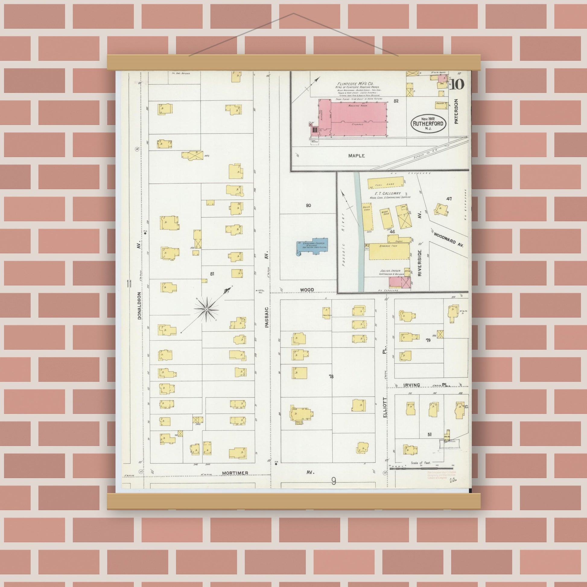 Old map wall art mockup — magnetic wood frame on brick wall — Sanborn Fire Insurance Map from Rutherford, Bergen County, New Jersey (1902), Sheet #0010
