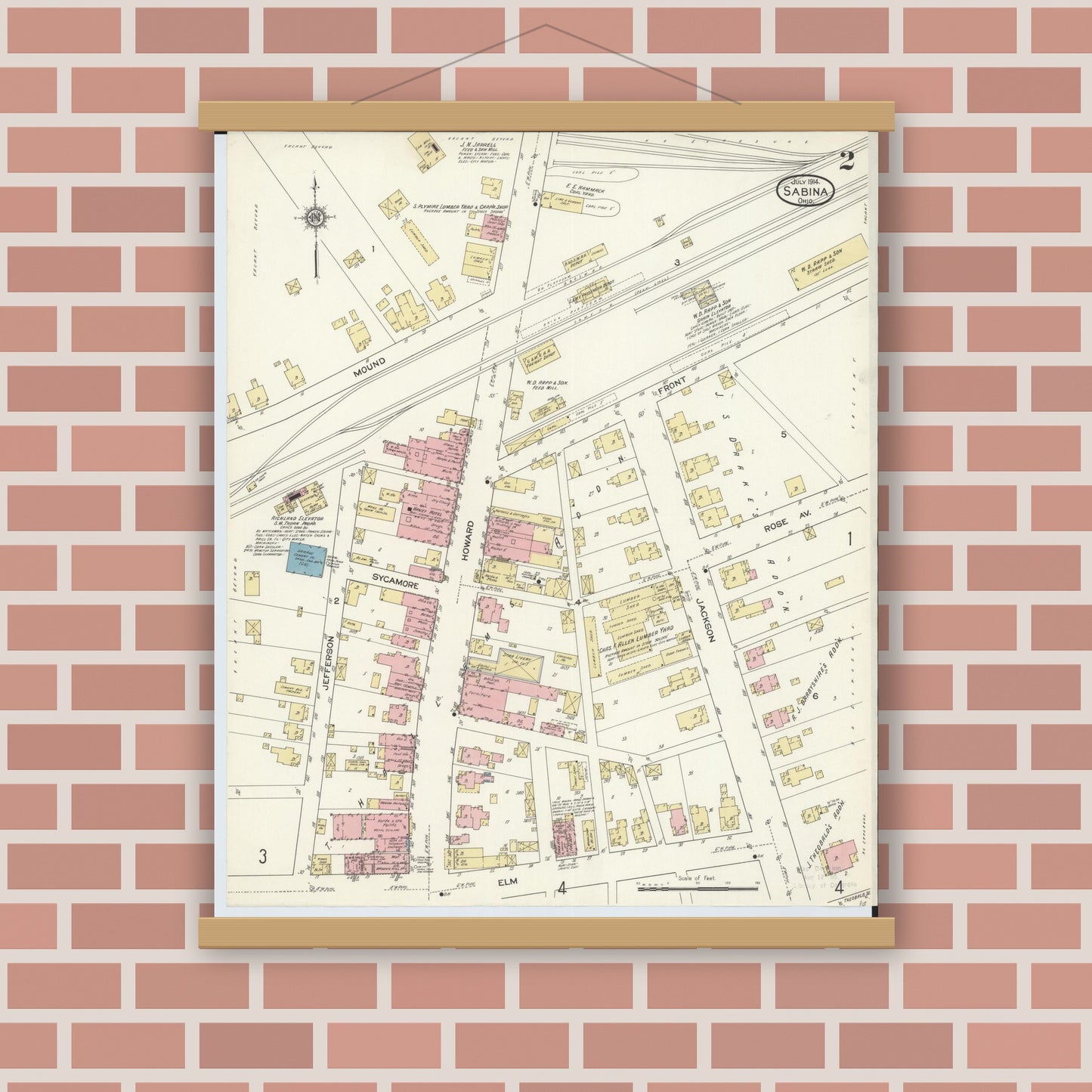 Old map wall art mockup — magnetic wood frame on brick wall — Sanborn Fire Insurance Map from Sabina, Clinton County, Ohio (1914), Sheet #0002