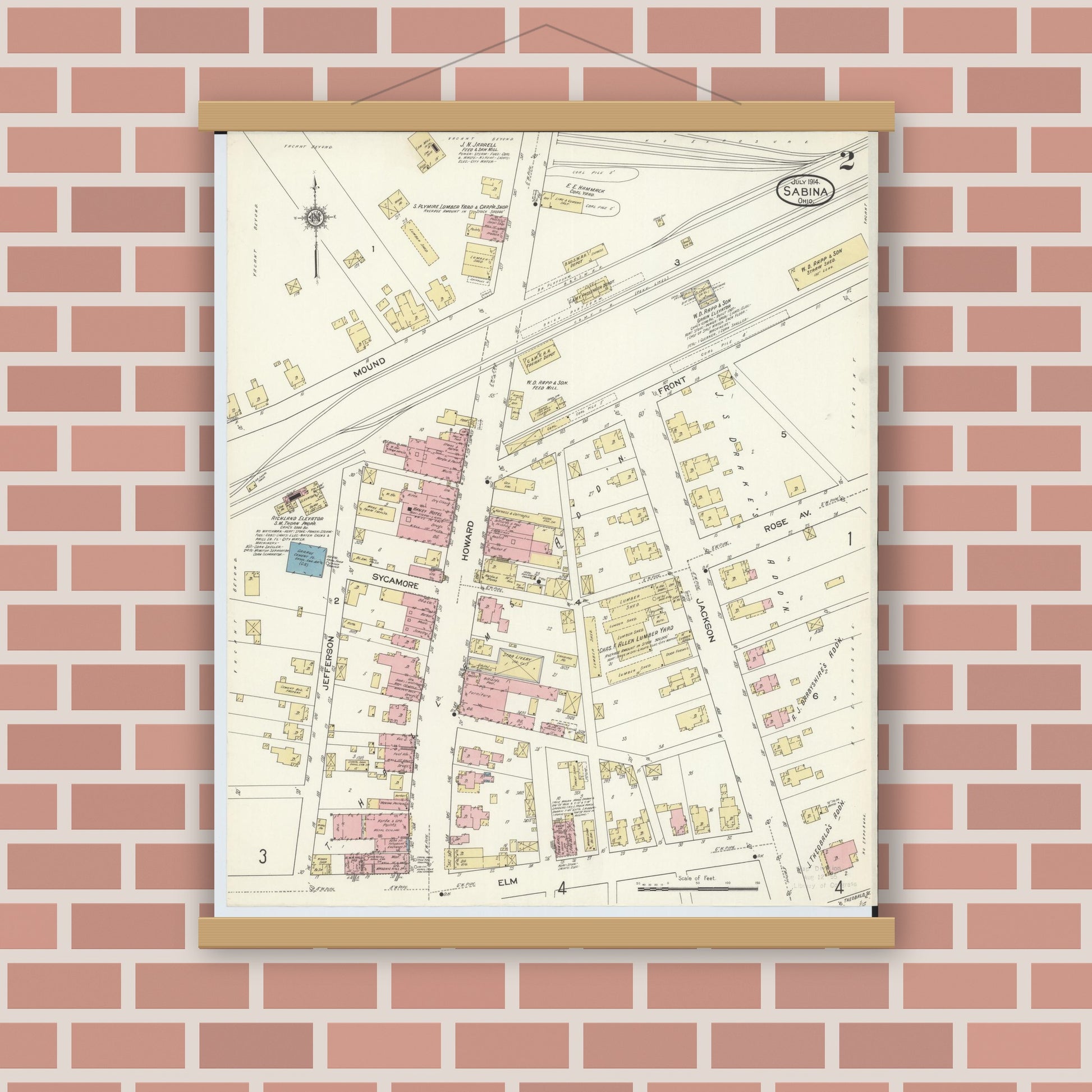 Old map wall art mockup — magnetic wood frame on brick wall — Sanborn Fire Insurance Map from Sabina, Clinton County, Ohio (1914), Sheet #0002