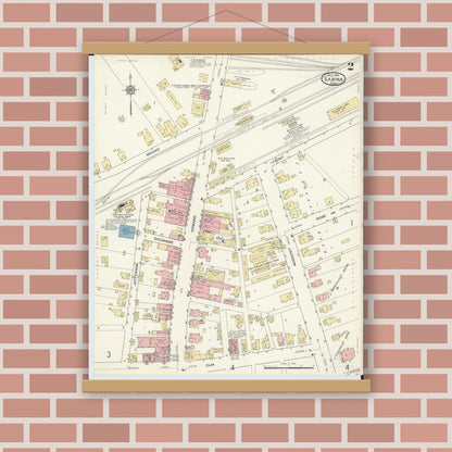 Old map wall art mockup — magnetic wood frame on brick wall — Sanborn Fire Insurance Map from Sabina, Clinton County, Ohio (1914), Sheet #0002
