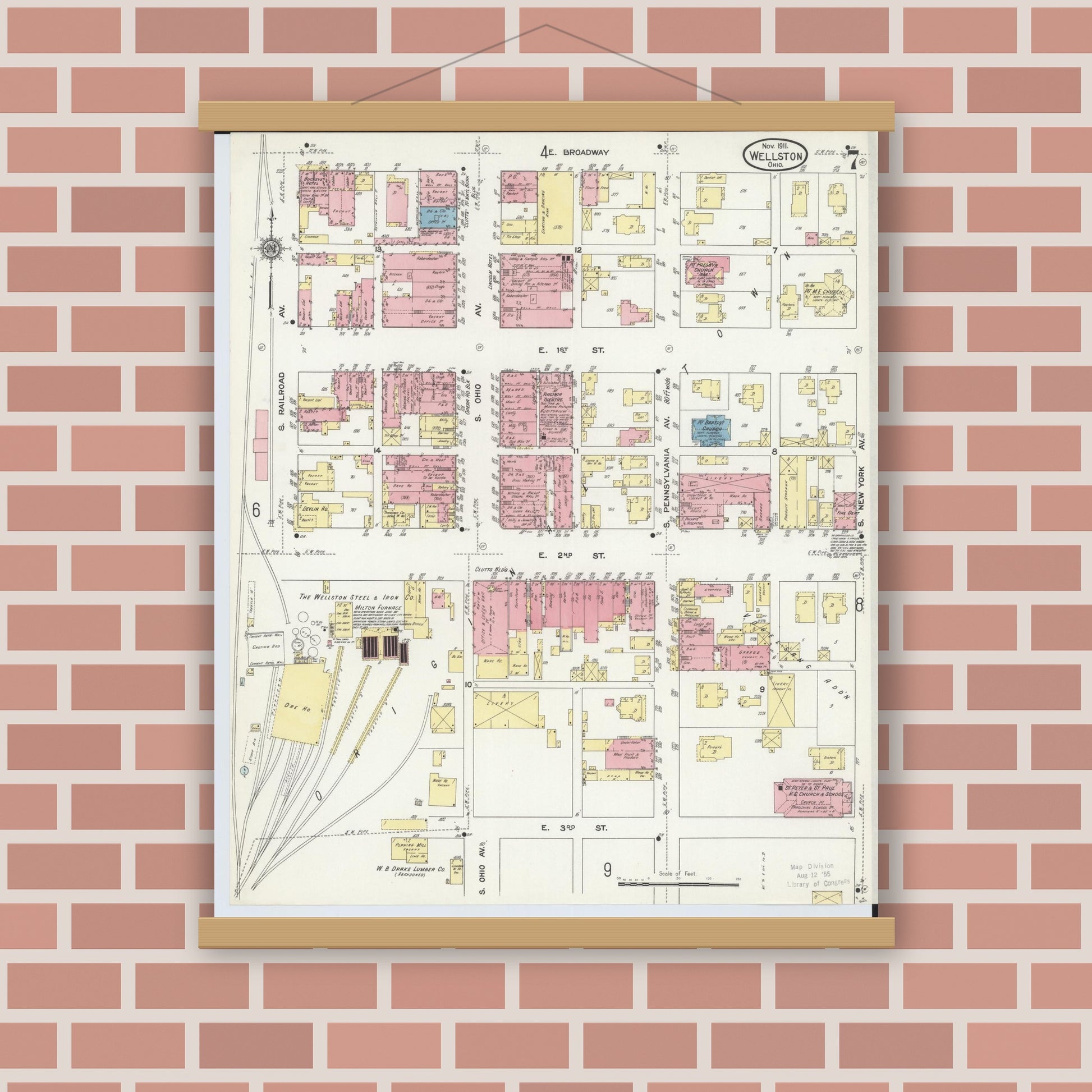 Old map wall art mockup — magnetic wood frame on brick wall — Sanborn Fire Insurance Map from Wellston, Jackson County, Ohio (1911), Sheet #0007