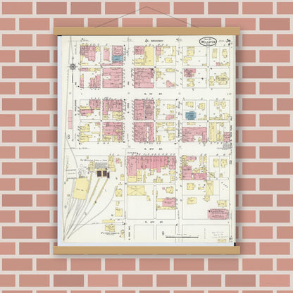 Old map wall art mockup — magnetic wood frame on brick wall — Sanborn Fire Insurance Map from Wellston, Jackson County, Ohio (1911), Sheet #0007