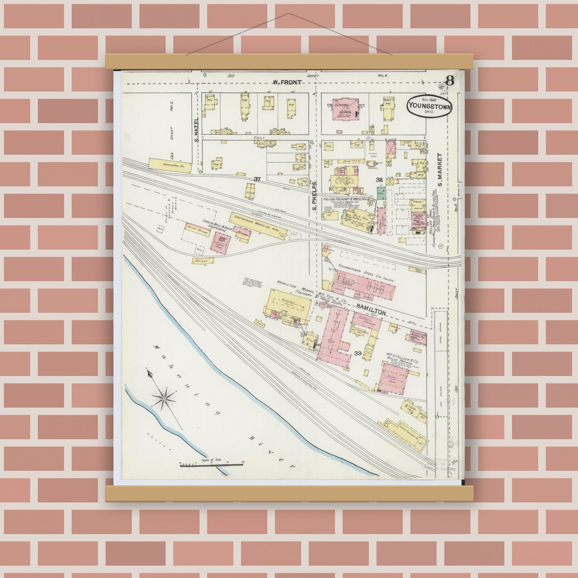 Old map wall art mockup — magnetic wood frame on brick wall — Sanborn Fire Insurance Map from Youngstown, Mahoning County, Ohio (1889), Sheet #0008