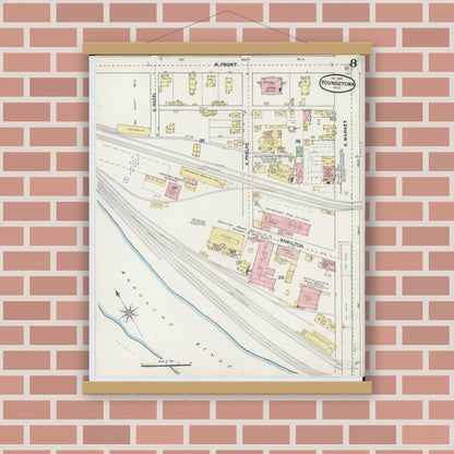 Old map wall art mockup — magnetic wood frame on brick wall — Sanborn Fire Insurance Map from Youngstown, Mahoning County, Ohio (1889), Sheet #0008