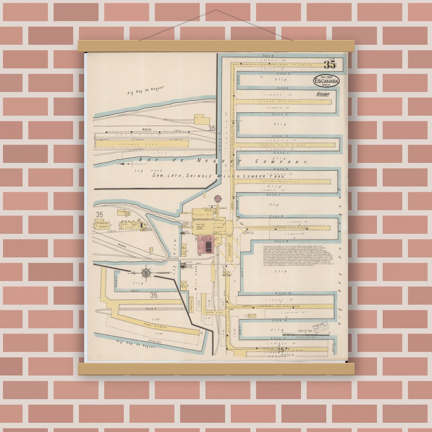 Old map wall art mockup — magnetic wood frame on brick wall — Sanborn Fire Insurance Map from Escanaba, Delta County, Michigan (1921), Sheet #0035