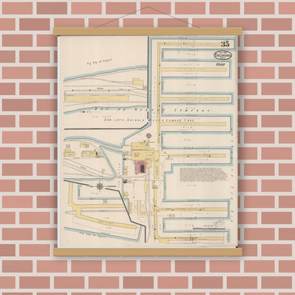 Old map wall art mockup — magnetic wood frame on brick wall — Sanborn Fire Insurance Map from Escanaba, Delta County, Michigan (1921), Sheet #0035