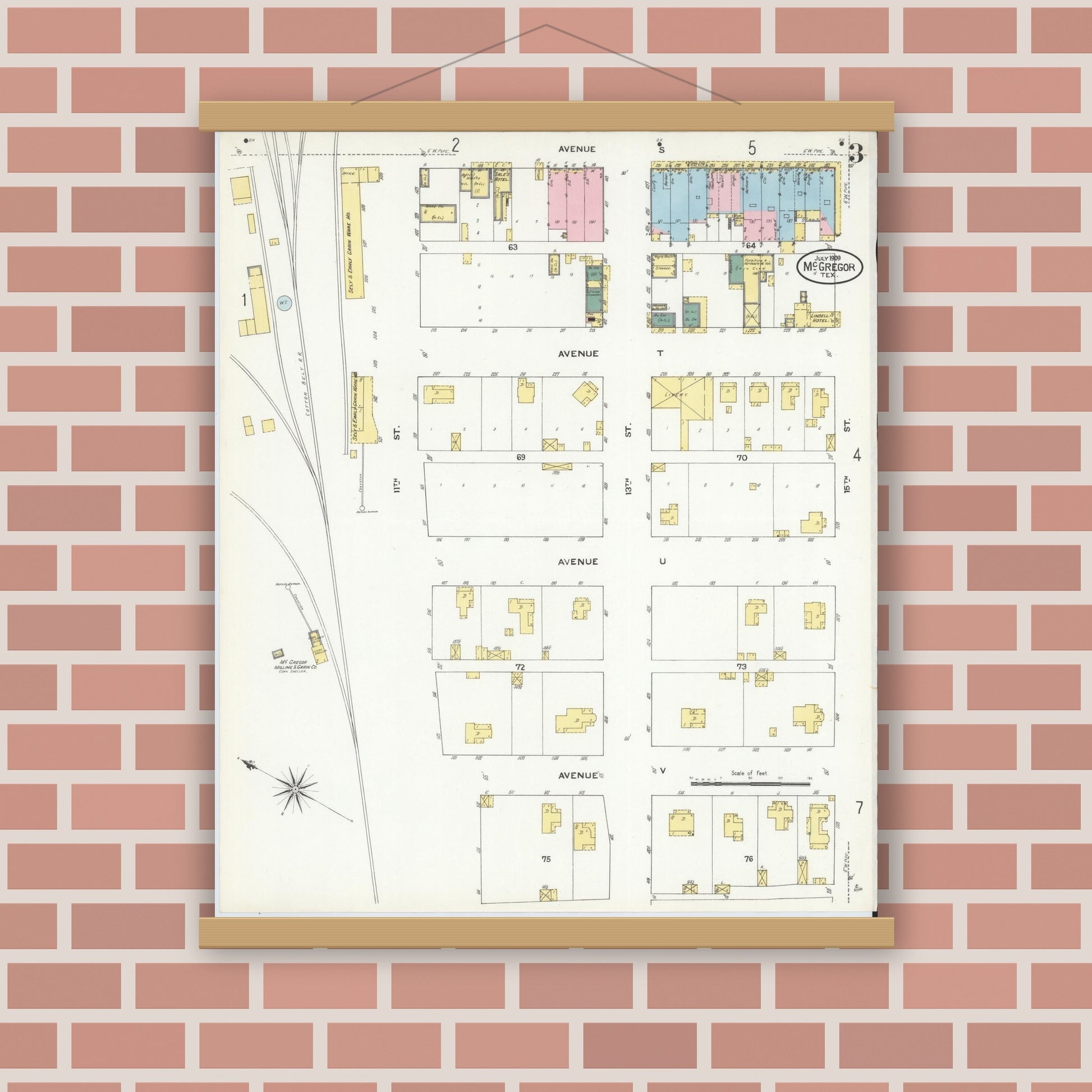 Old map wall art mockup — magnetic wood frame on brick wall — Sanborn Fire Insurance Map from McGregor, McLennan County, Texas (1909), Sheet #0003