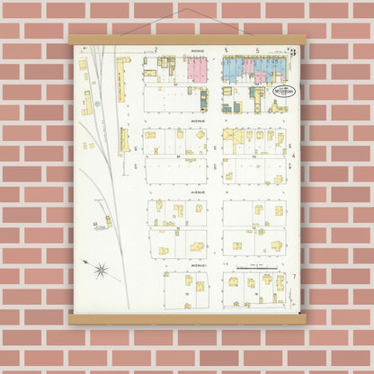 Old map wall art mockup — magnetic wood frame on brick wall — Sanborn Fire Insurance Map from McGregor, McLennan County, Texas (1909), Sheet #0003