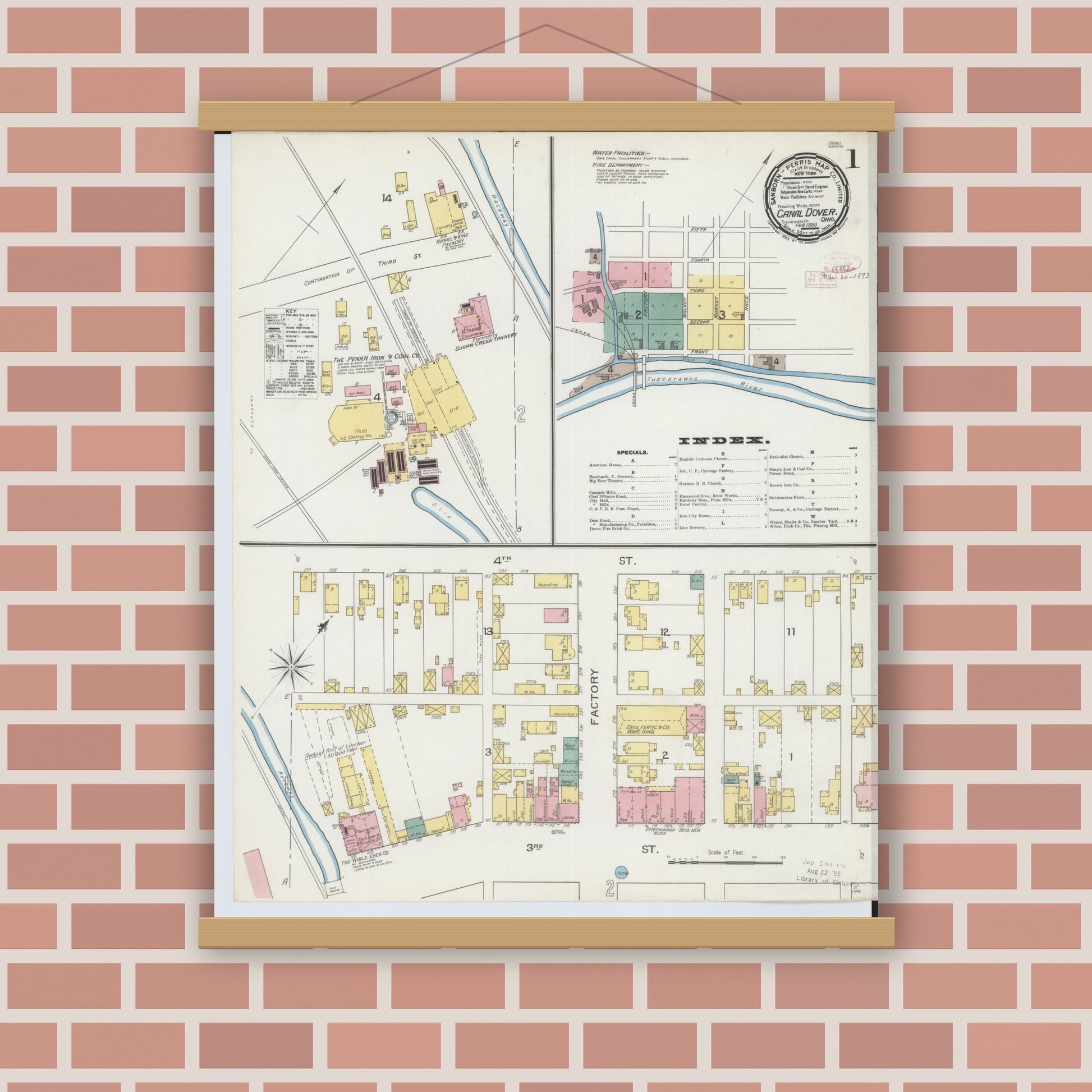 Old map wall art mockup — magnetic wood frame on brick wall — Sanborn Fire Insurance Map from Canal Dover, Tuscarawas County, Ohio (1893), Sheet #0001
