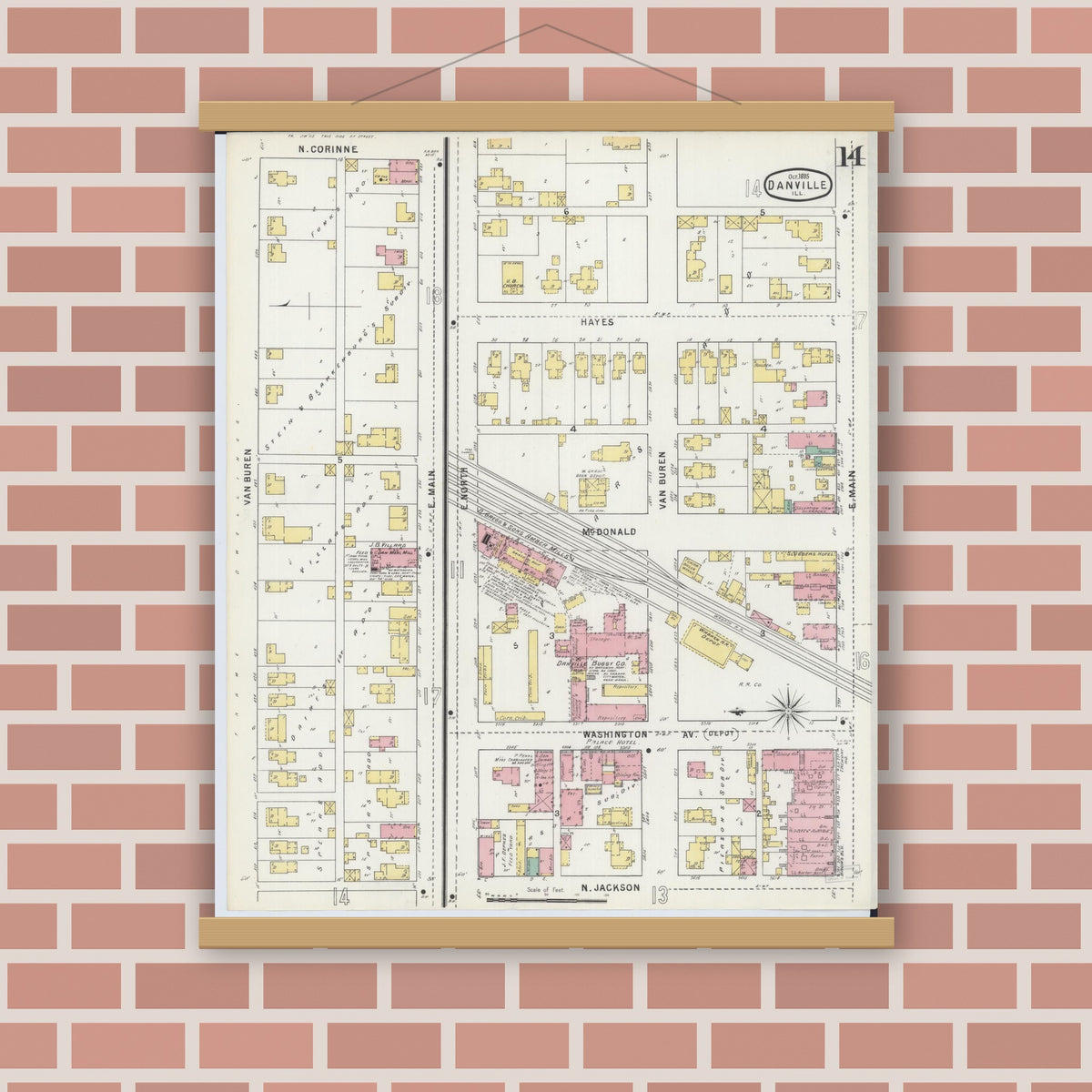 Old map wall art mockup — magnetic wood frame on brick wall — Sanborn Fire Insurance Map from Danville, Vermilion County, Illinois (1895), Sheet #0014