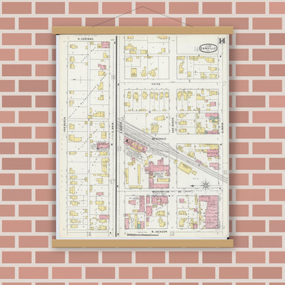 Old map wall art mockup — magnetic wood frame on brick wall — Sanborn Fire Insurance Map from Danville, Vermilion County, Illinois (1895), Sheet #0014