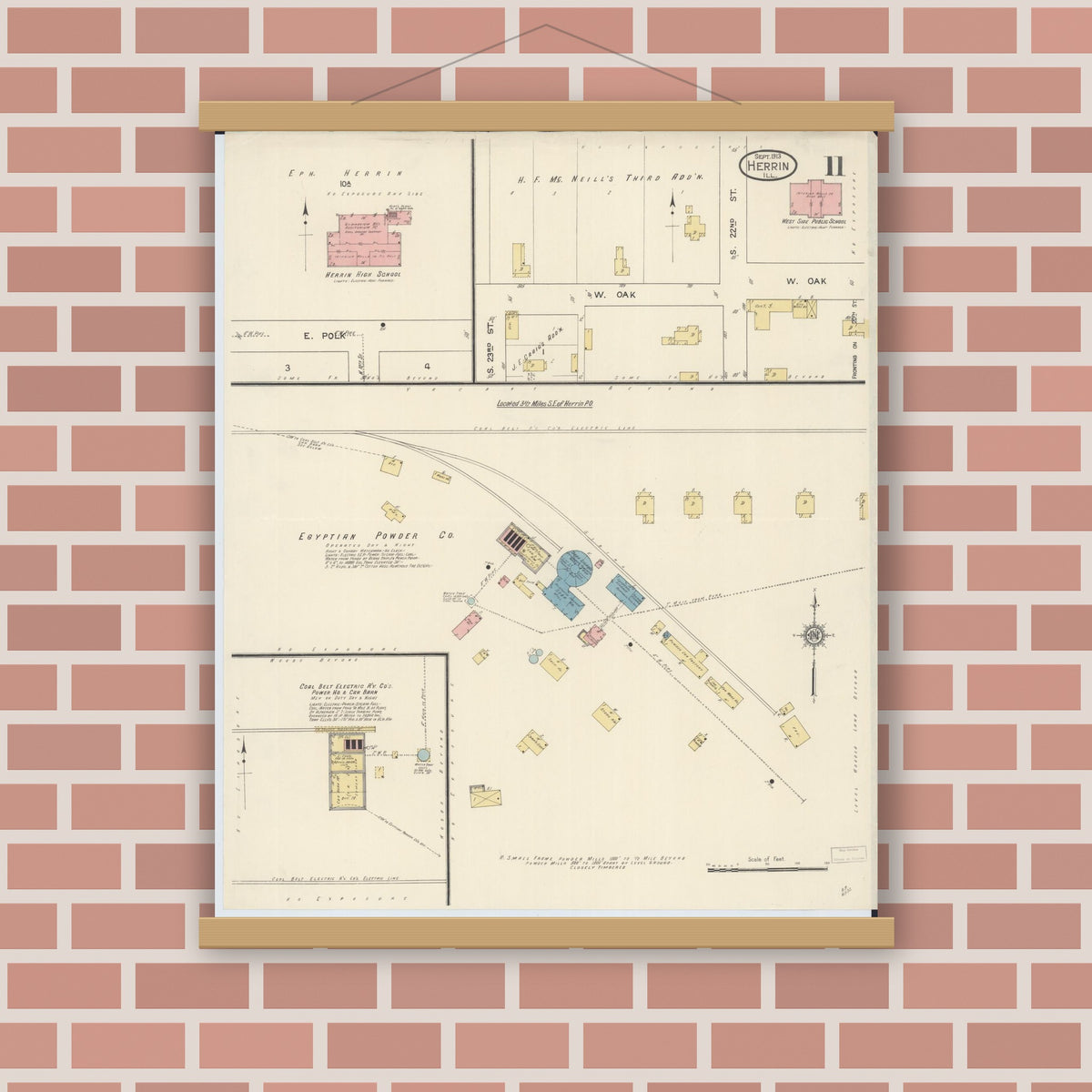 Old map wall art mockup — magnetic wood frame on brick wall — Sanborn Fire Insurance Map from Herrin, Williamson County, Illinois (1913), Sheet #0011