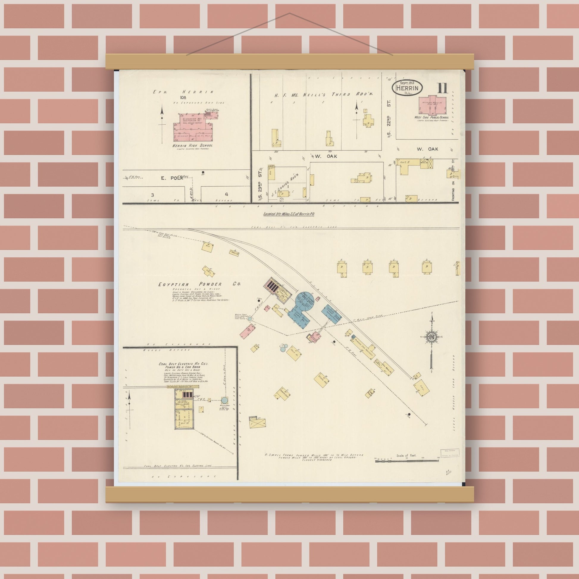 Old map wall art mockup — magnetic wood frame on brick wall — Sanborn Fire Insurance Map from Herrin, Williamson County, Illinois (1913), Sheet #0011