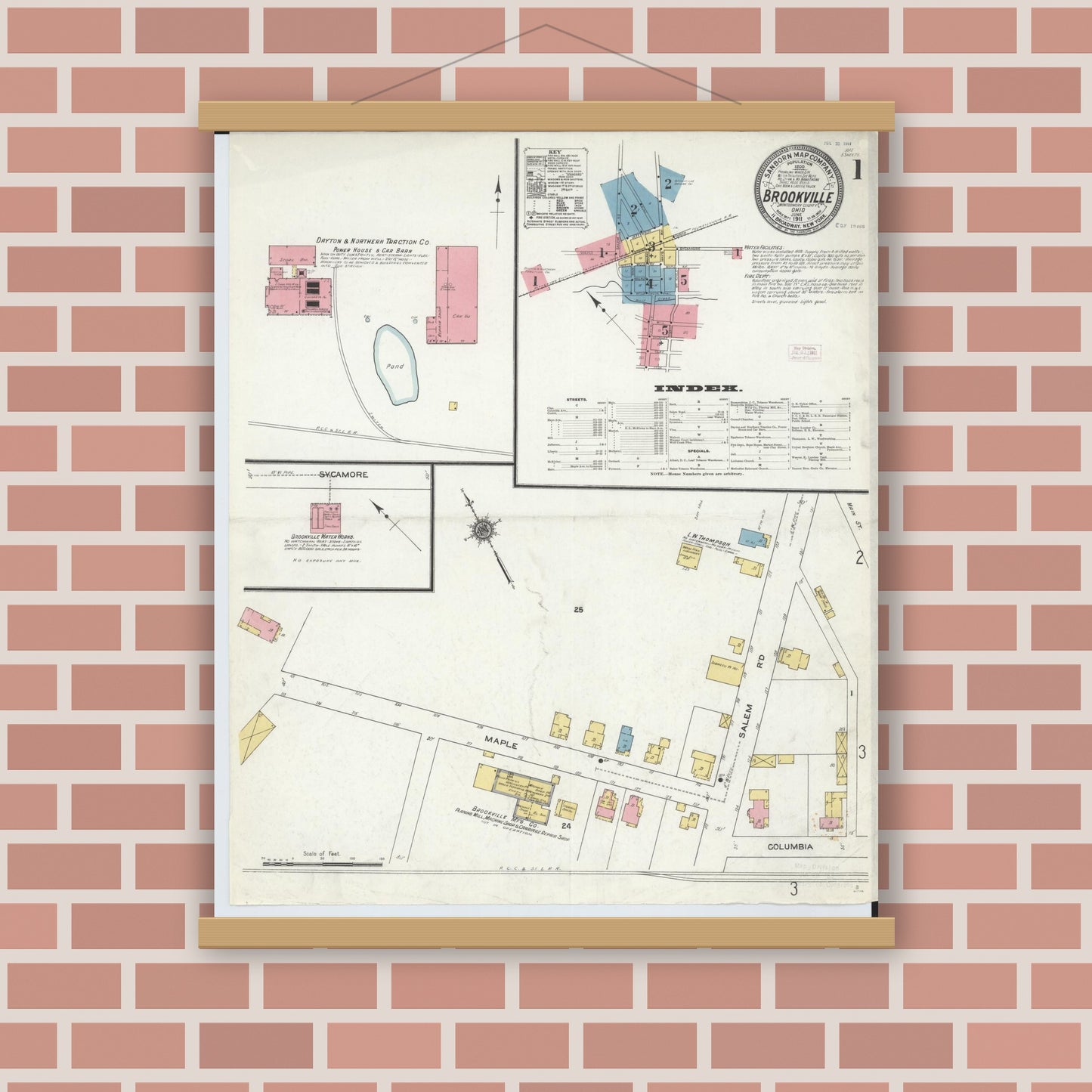 Old map wall art mockup — magnetic wood frame on brick wall — Sanborn Fire Insurance Map from Brookville, Montgomery County, Ohio (1911) - Complete Map Set