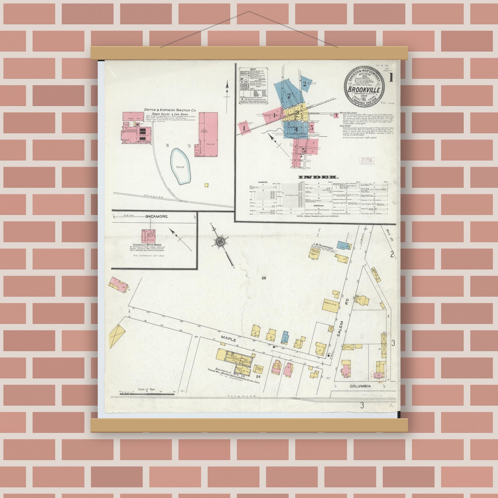 Old map wall art mockup — magnetic wood frame on brick wall — Sanborn Fire Insurance Map from Brookville, Montgomery County, Ohio (1911) - Complete Map Set