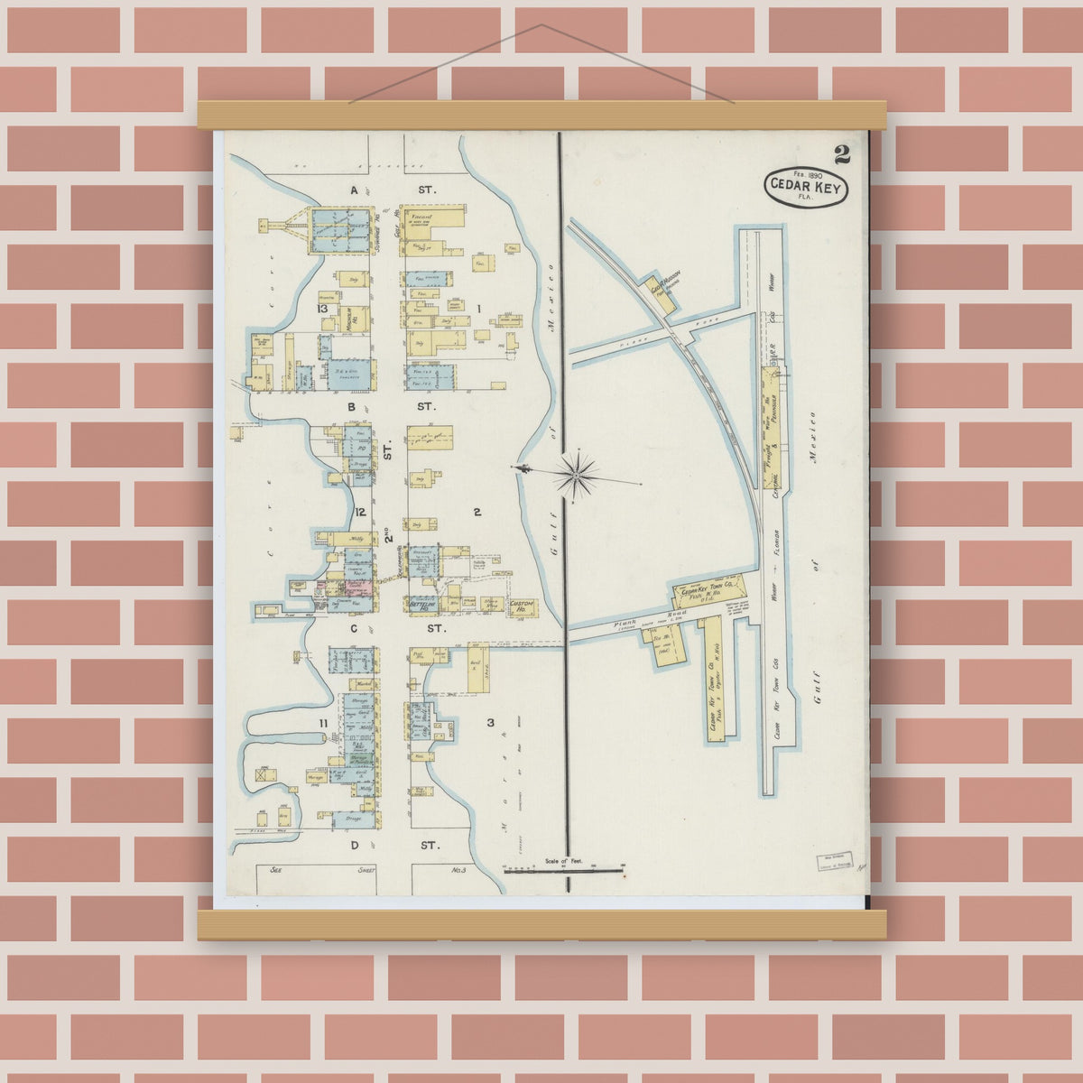 Old map wall art mockup — magnetic wood frame on brick wall — Sanborn Fire Insurance Map from Cedar Key, Levy County, Florida (1890), Sheet #0002
