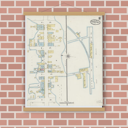 Old map wall art mockup — magnetic wood frame on brick wall — Sanborn Fire Insurance Map from Cedar Key, Levy County, Florida (1890), Sheet #0002