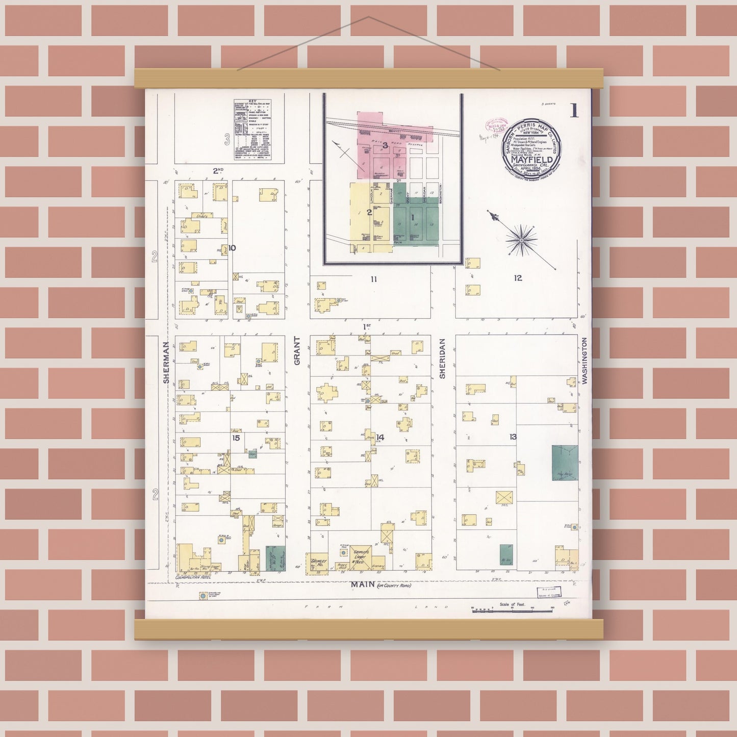 Old map wall art mockup — magnetic wood frame on brick wall — Sanborn Fire Insurance Map from Mayfield, Santa Clara County, California (1894), Sheet #0001