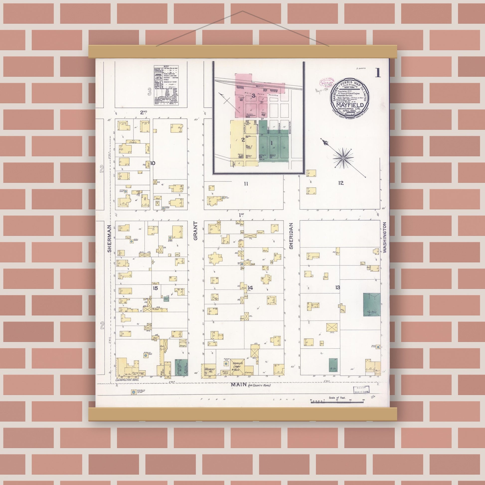 Old map wall art mockup — magnetic wood frame on brick wall — Sanborn Fire Insurance Map from Mayfield, Santa Clara County, California (1894), Sheet #0001