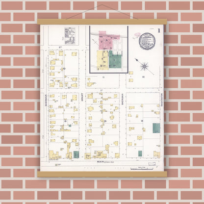 Old map wall art mockup — magnetic wood frame on brick wall — Sanborn Fire Insurance Map from Mayfield, Santa Clara County, California (1894), Sheet #0001