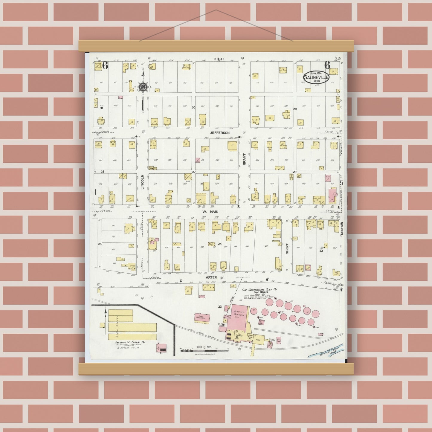 Old map wall art mockup — magnetic wood frame on brick wall — Sanborn Fire Insurance Map from Salineville, Columbiana County, Ohio (1924), Sheet #0006