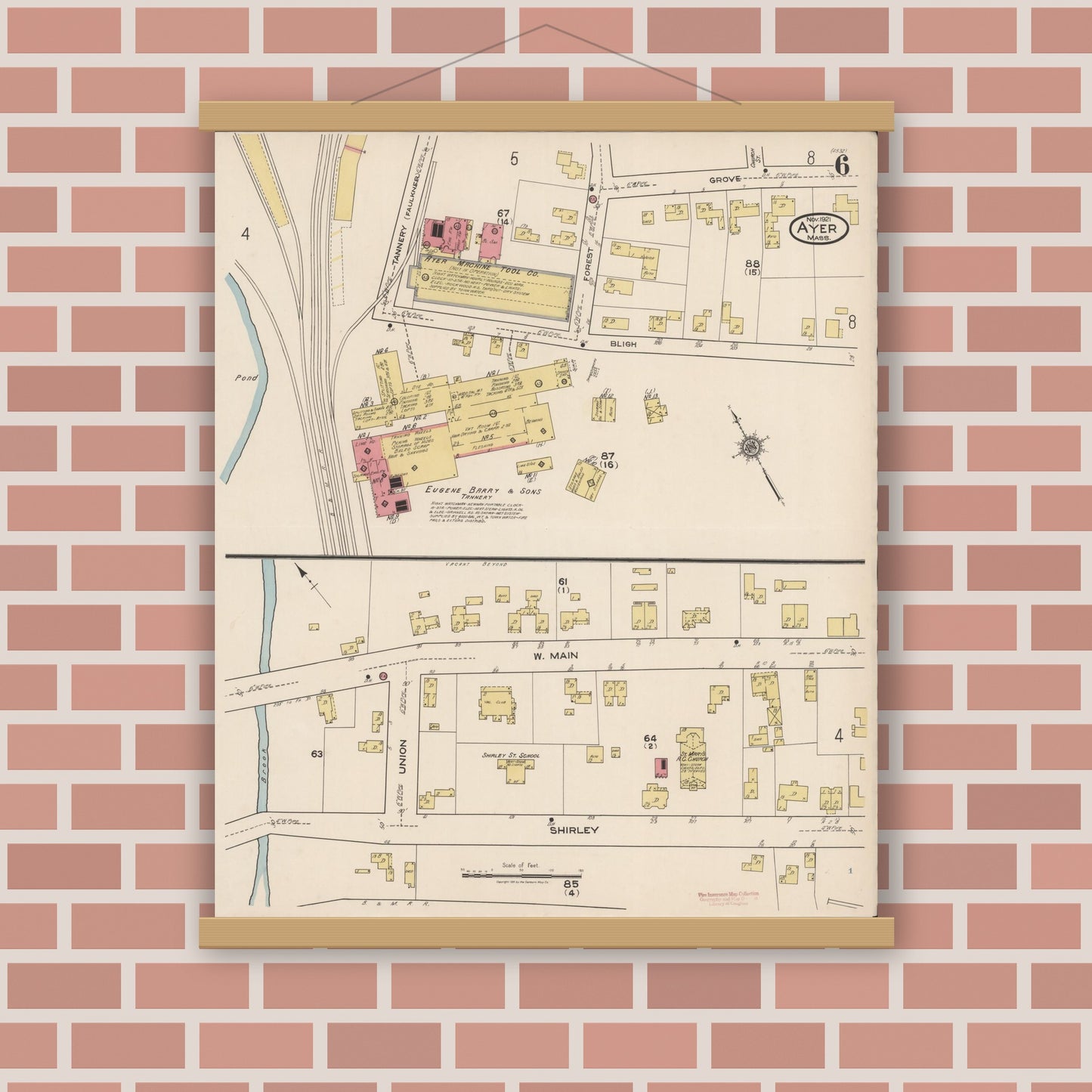 Old map wall art mockup — magnetic wood frame on brick wall — Sanborn Fire Insurance Map from Ayer, Middlesex County, Massachusetts (1921), Sheet #0006