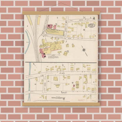Old map wall art mockup — magnetic wood frame on brick wall — Sanborn Fire Insurance Map from Ayer, Middlesex County, Massachusetts (1921), Sheet #0006