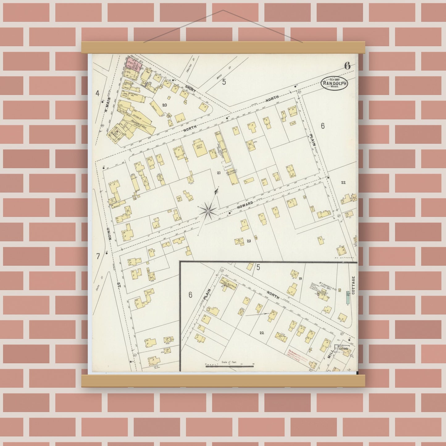 Old map wall art mockup — magnetic wood frame on brick wall — Sanborn Fire Insurance Map from Randolph, Norfolk County, Massachusetts (1897), Sheet #0006
