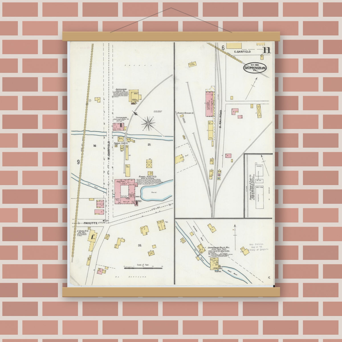 Old map wall art mockup — magnetic wood frame on brick wall — Sanborn Fire Insurance Map from Shippensburg, Cumberland And Franklin Counties, Pennsylvania (1904), Sheet #0011