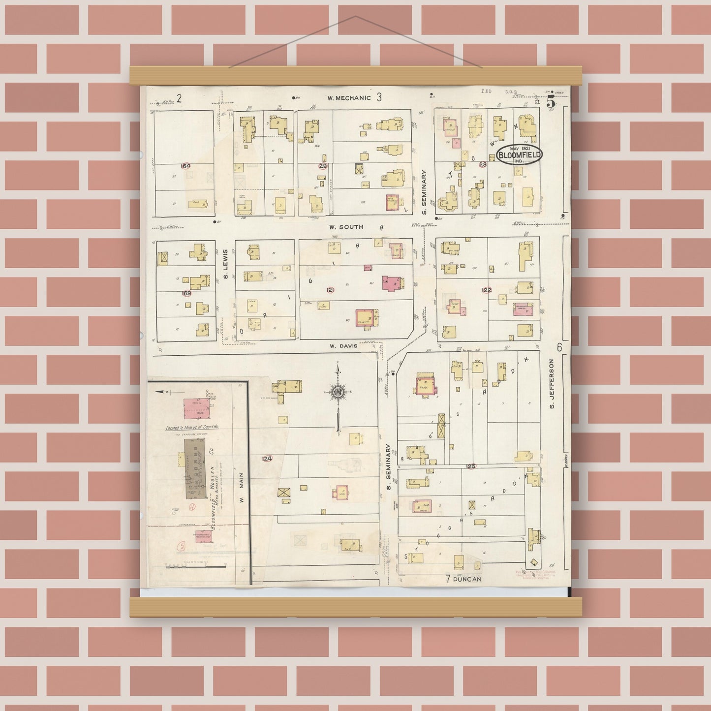 Old map wall art mockup — magnetic wood frame on brick wall — Sanborn Fire Insurance Map from Bloomfield, Greene County, Indiana (1940), Sheet #0005