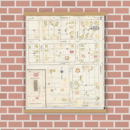 Old map wall art mockup — magnetic wood frame on brick wall — Sanborn Fire Insurance Map from Bloomfield, Greene County, Indiana (1940), Sheet #0005