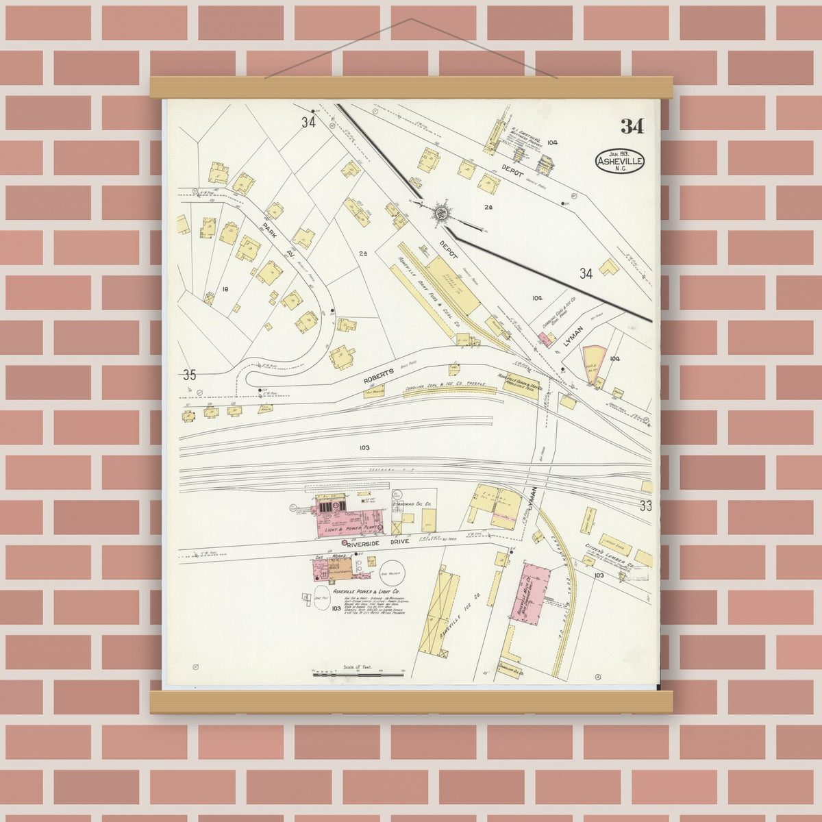 Old map wall art mockup — magnetic wood frame on brick wall — Sanborn Fire Insurance Map from Asheville, Buncombe County, North Carolina (1913), Sheet #0034