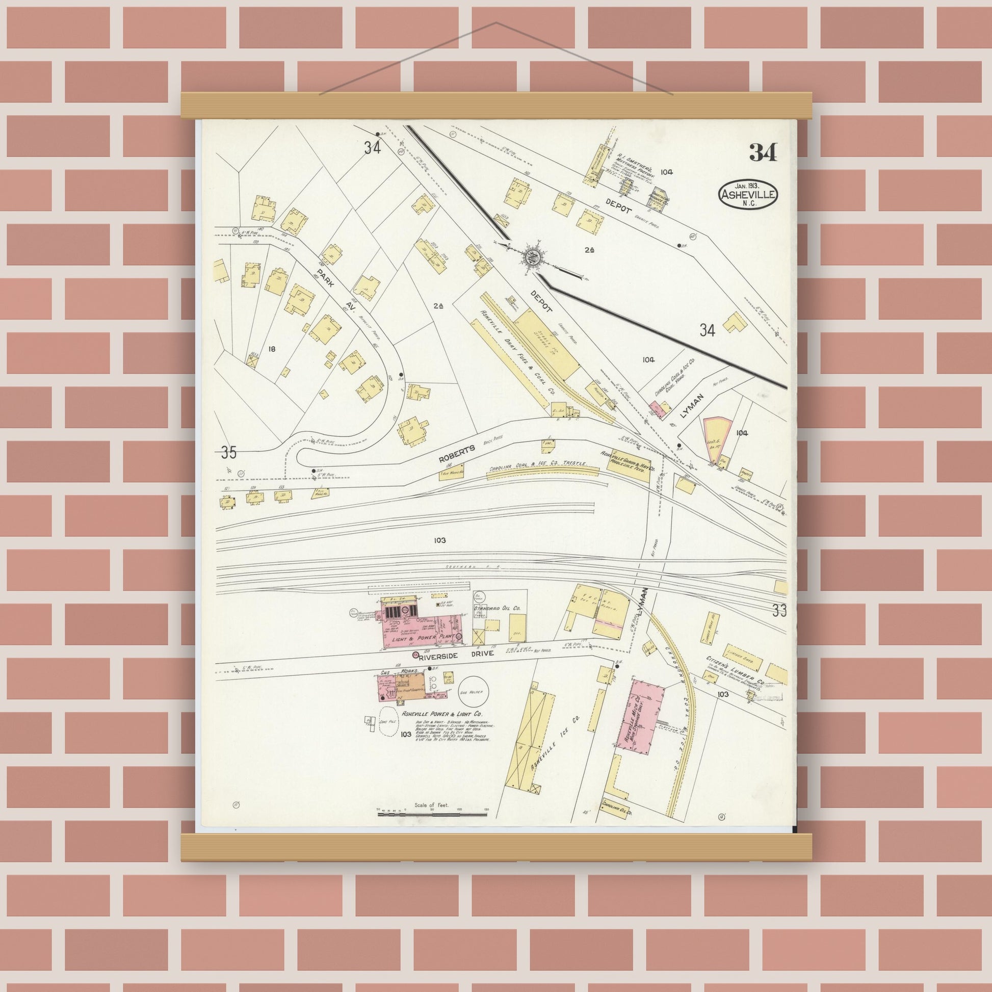 Old map wall art mockup — magnetic wood frame on brick wall — Sanborn Fire Insurance Map from Asheville, Buncombe County, North Carolina (1913), Sheet #0034