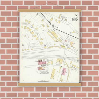 Old map wall art mockup — magnetic wood frame on brick wall — Sanborn Fire Insurance Map from Asheville, Buncombe County, North Carolina (1913), Sheet #0034