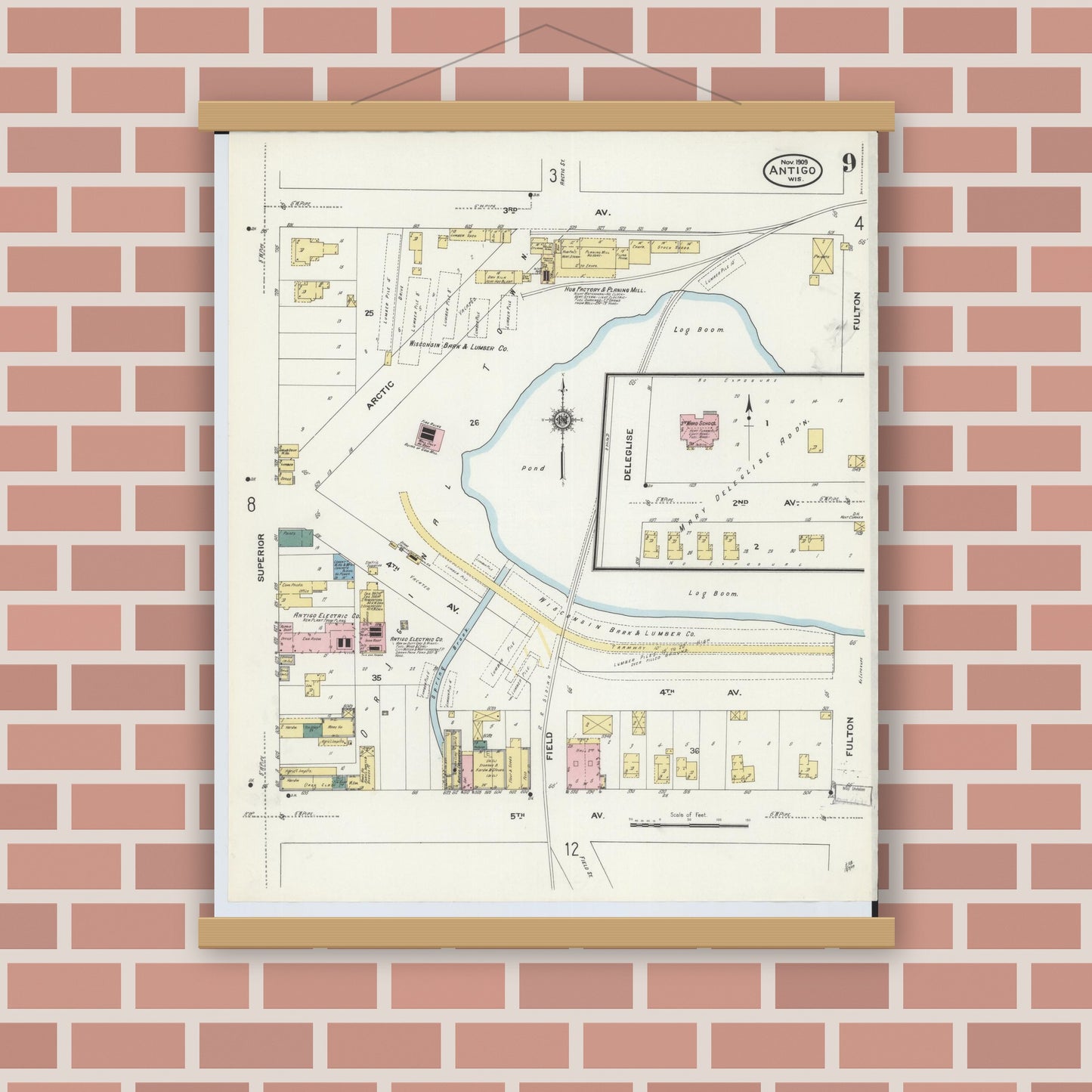 Old map wall art mockup — magnetic wood frame on brick wall — Sanborn Fire Insurance Map from Antigo, Langlade County, Wisconsin (1909), Sheet #0009