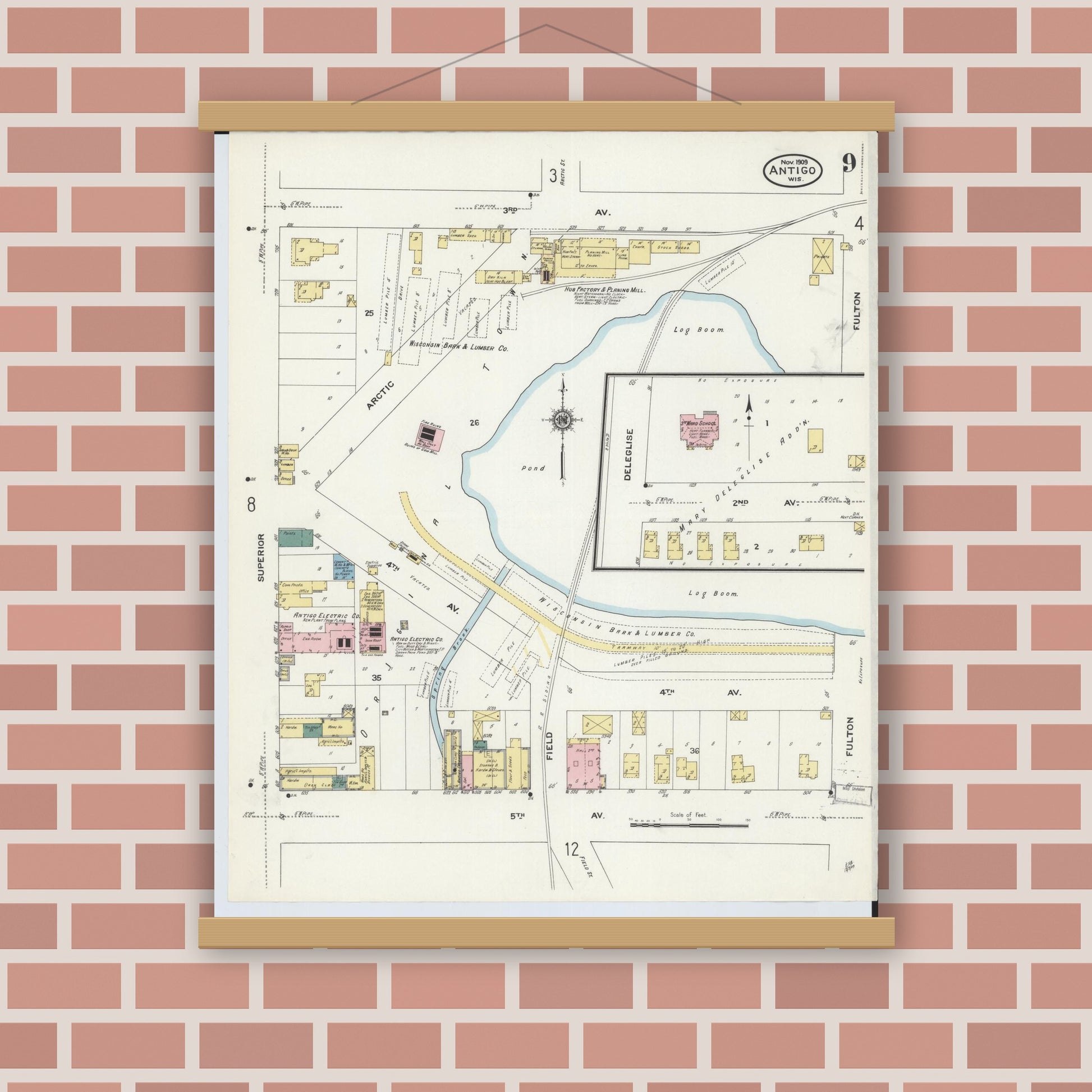 Old map wall art mockup — magnetic wood frame on brick wall — Sanborn Fire Insurance Map from Antigo, Langlade County, Wisconsin (1909), Sheet #0009