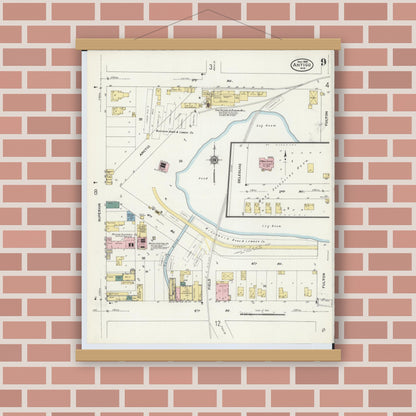 Old map wall art mockup — magnetic wood frame on brick wall — Sanborn Fire Insurance Map from Antigo, Langlade County, Wisconsin (1909), Sheet #0009