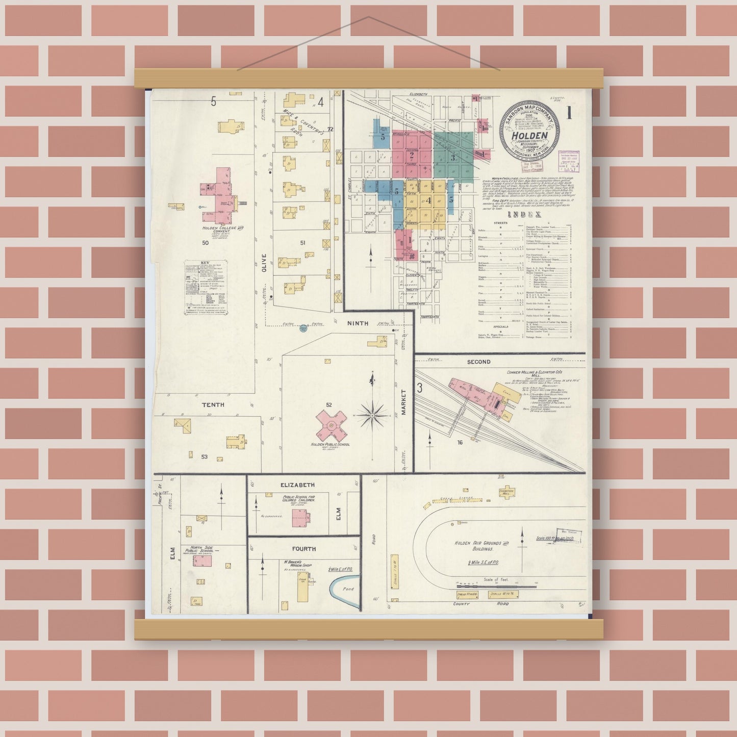 Old map wall art mockup — magnetic wood frame on brick wall — Sanborn Fire Insurance Map from Holden, Johnson County, Missouri (1907) - Complete Map Set