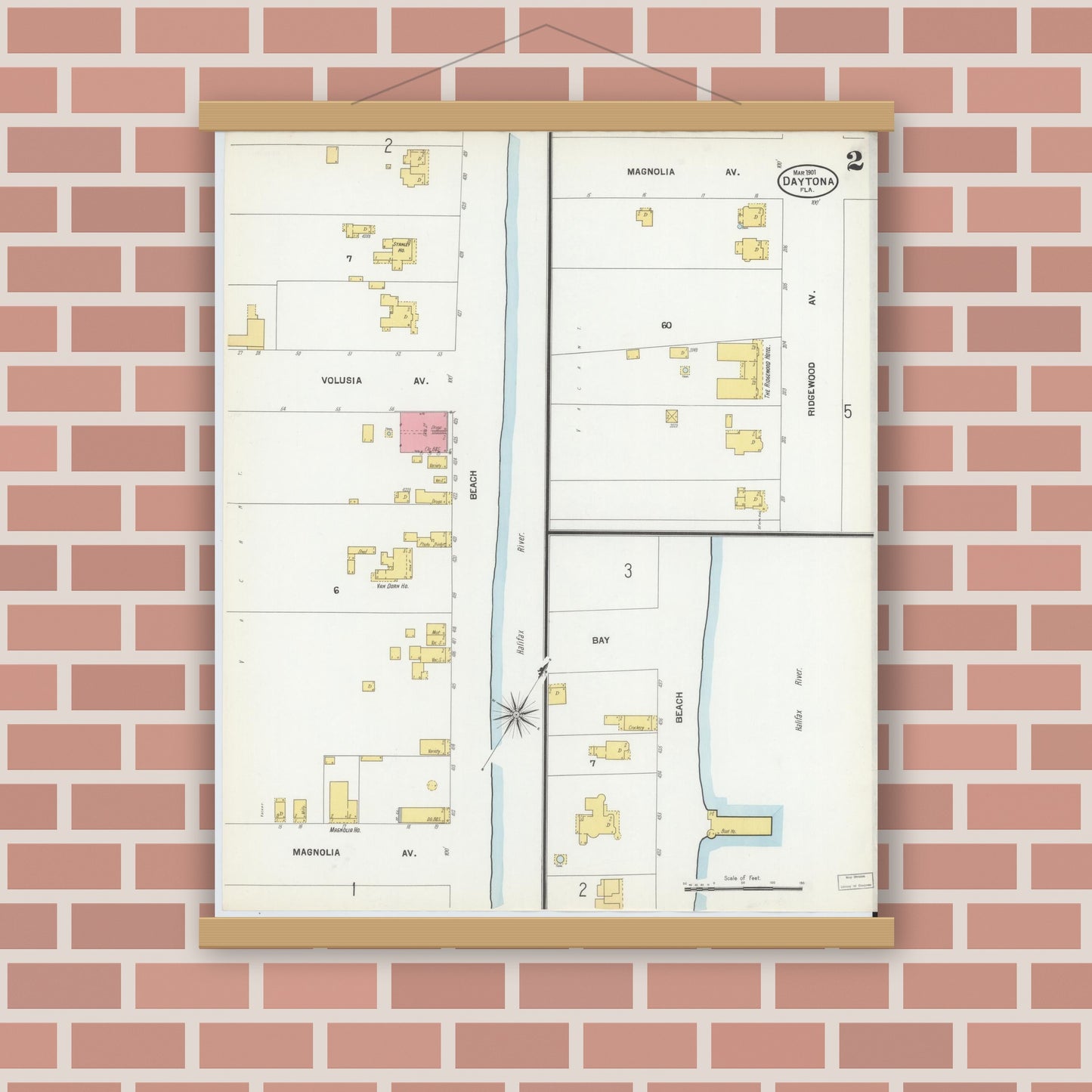 Old map wall art mockup — magnetic wood frame on brick wall — Sanborn Fire Insurance Map from Daytona, Volusia County, Florida (1901), Sheet #0002