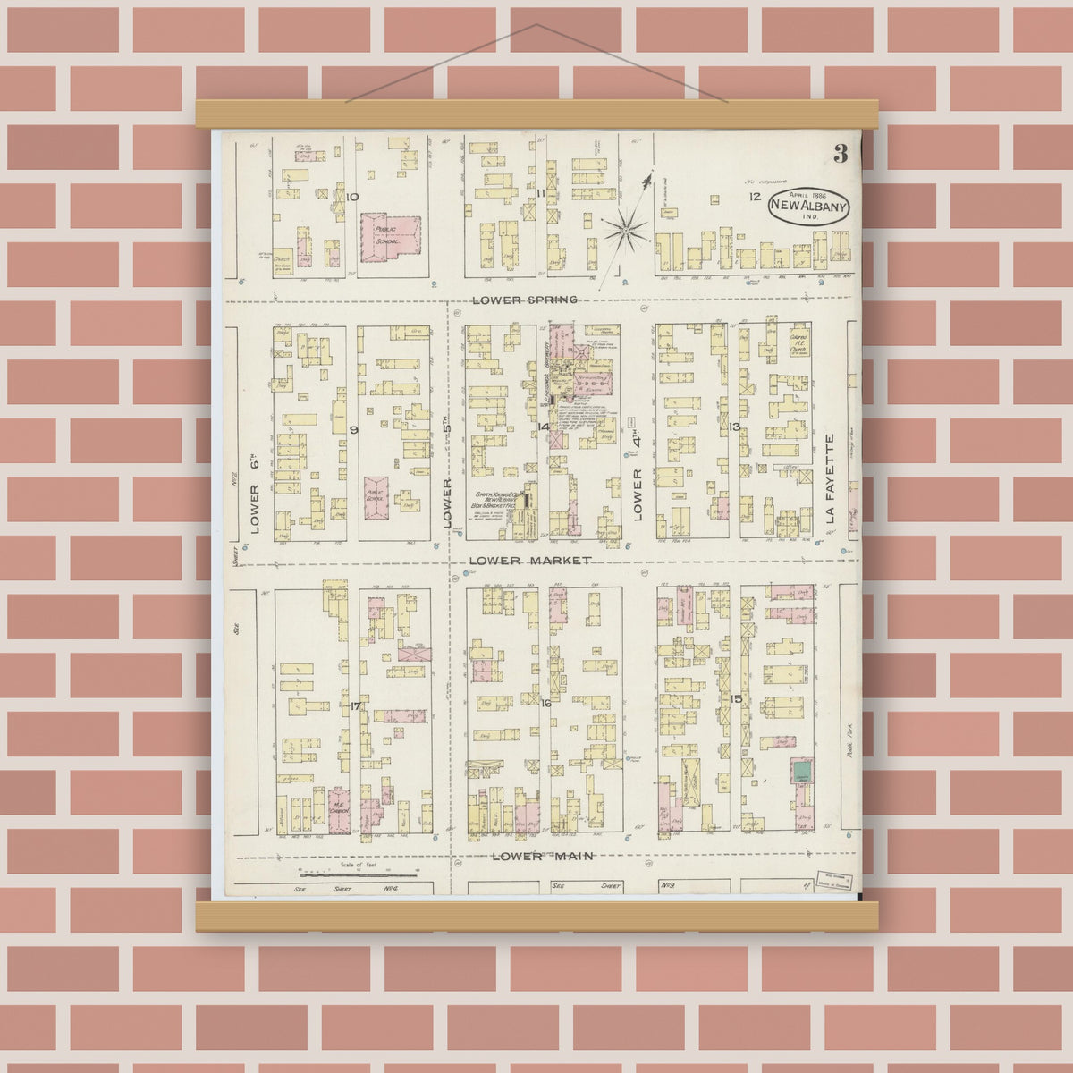 Old map wall art mockup — magnetic wood frame on brick wall — Sanborn Fire Insurance Map from New Albany, Floyd County, Indiana (1886), Sheet #0003