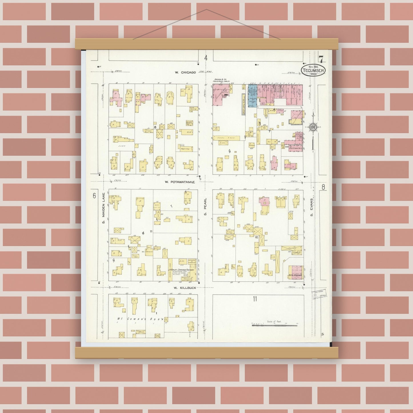 Old map wall art mockup — magnetic wood frame on brick wall — Sanborn Fire Insurance Map from Tecumseh, Lenawee County, Michigan (1912), Sheet #0007