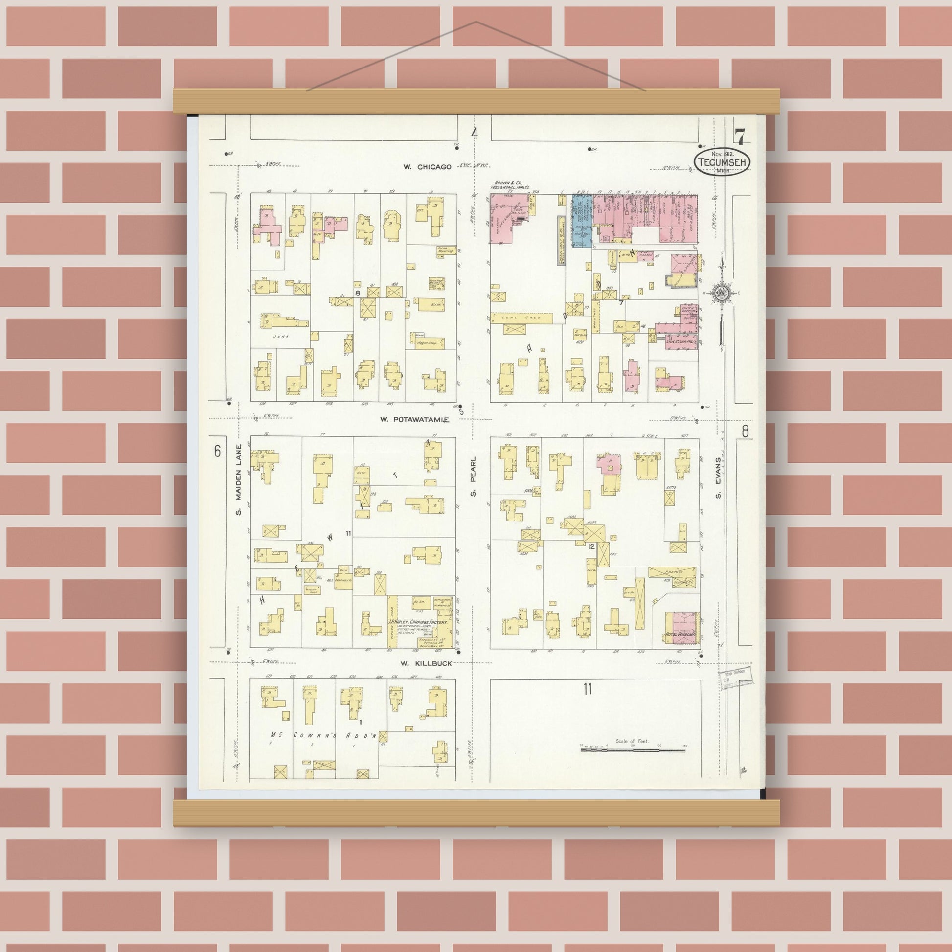 Old map wall art mockup — magnetic wood frame on brick wall — Sanborn Fire Insurance Map from Tecumseh, Lenawee County, Michigan (1912), Sheet #0007