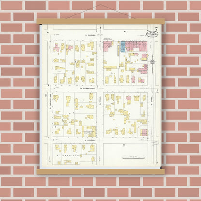 Old map wall art mockup — magnetic wood frame on brick wall — Sanborn Fire Insurance Map from Tecumseh, Lenawee County, Michigan (1912), Sheet #0007