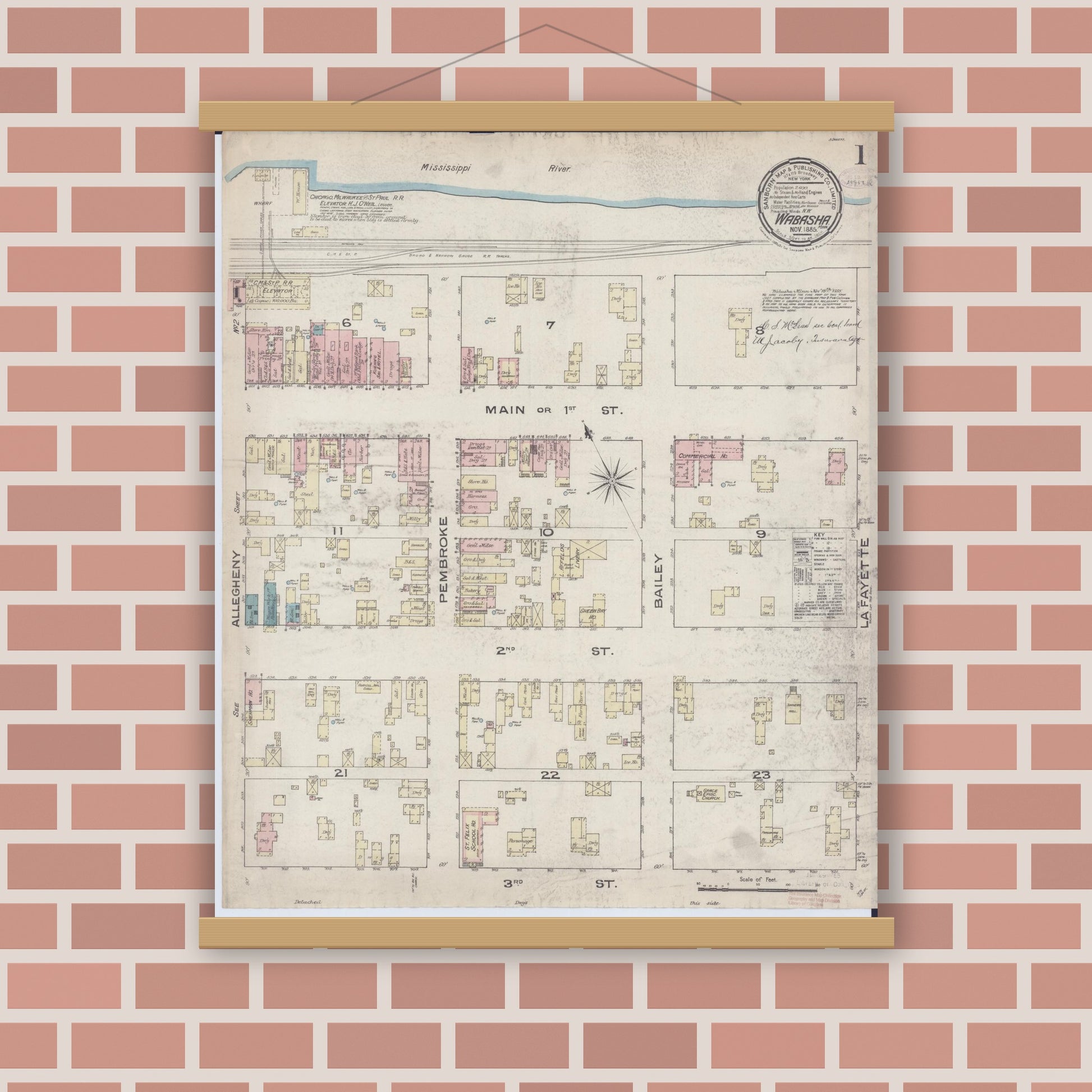 Old map wall art mockup — magnetic wood frame on brick wall — Sanborn Fire Insurance Map from Wabasha, Wabasha County, Minnesota (1885) - Complete Map Set