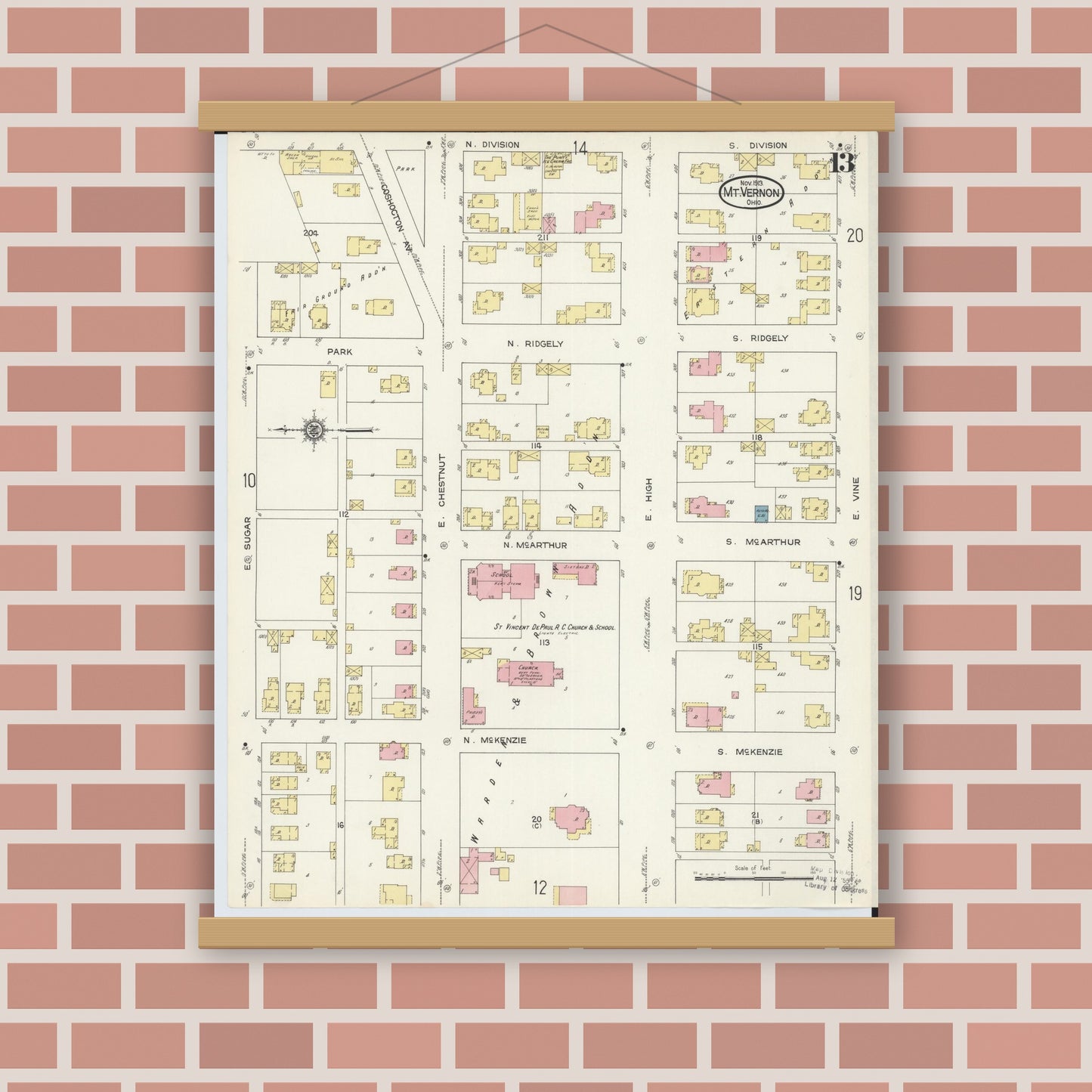 Old map wall art mockup — magnetic wood frame on brick wall — Sanborn Fire Insurance Map from Mount Vernon, Knox County, Ohio (1913), Sheet #0013