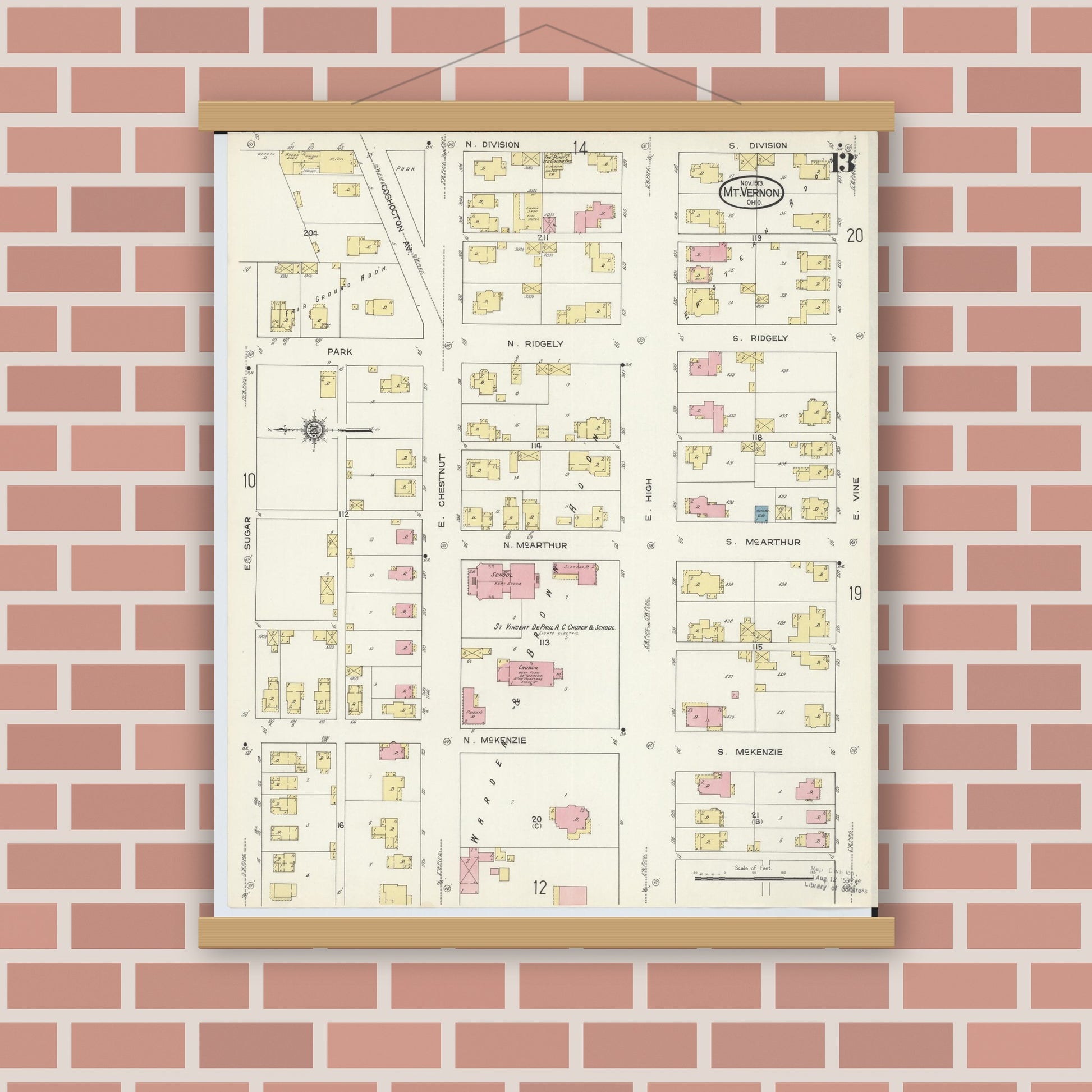 Old map wall art mockup — magnetic wood frame on brick wall — Sanborn Fire Insurance Map from Mount Vernon, Knox County, Ohio (1913), Sheet #0013